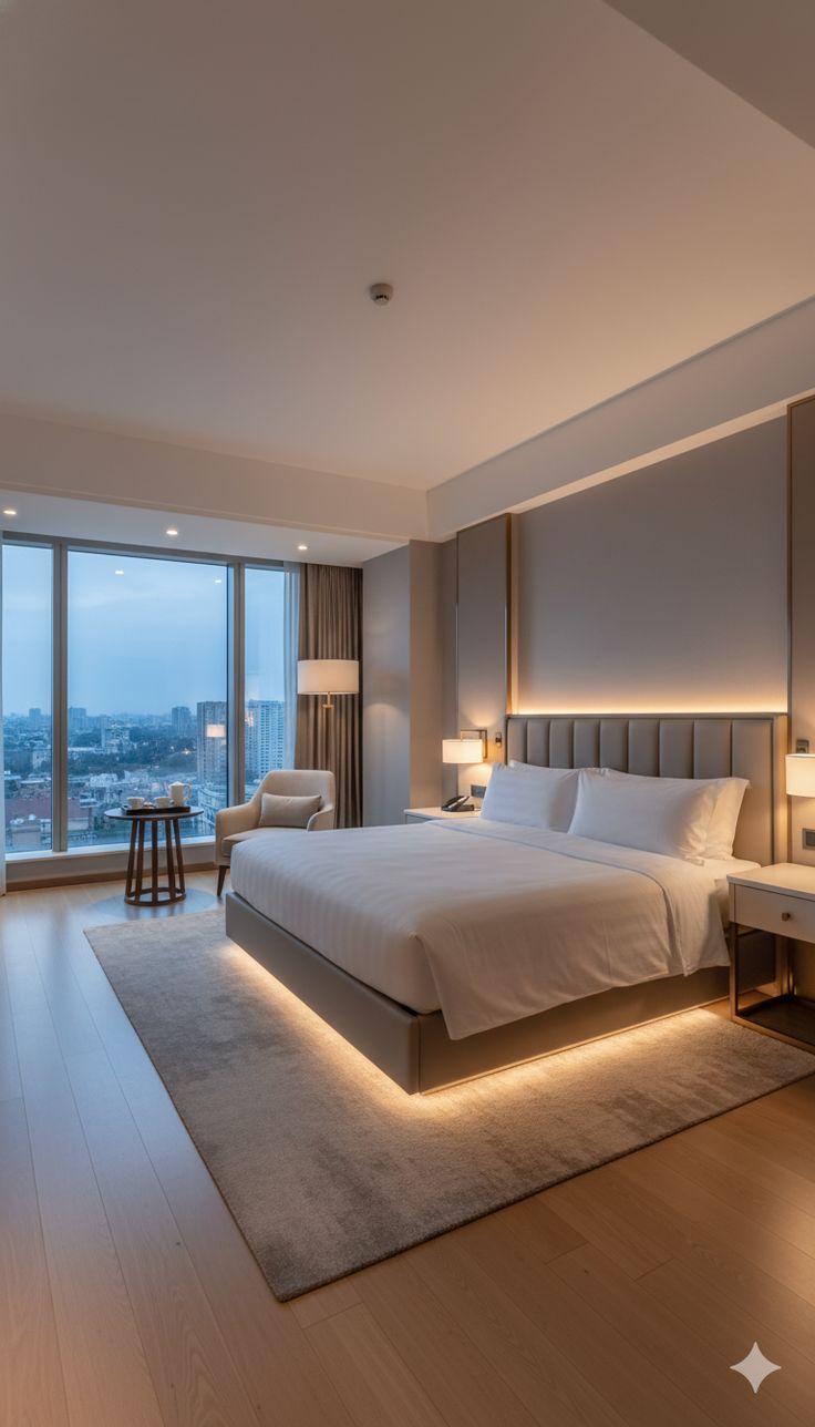 Bedroom corner with blackout curtains and soft lighting