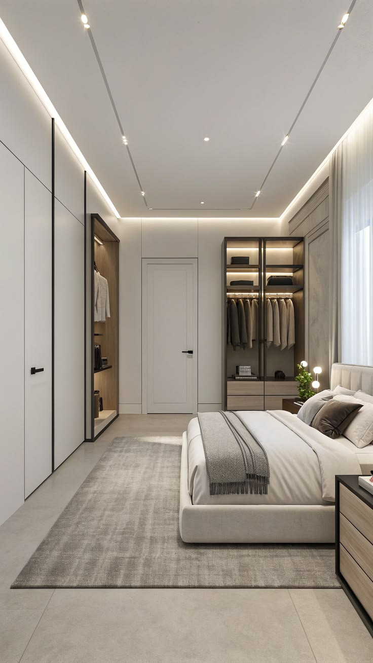 Minimalist hotel apartment suite with bright natural light, kitchenette, and city view